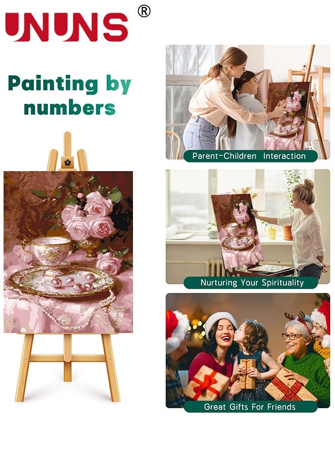 UNUNS DIY Paint by Numbers for Beginners,Pink Rose Afternoon Tea Paint by Numbers With Framed,DIY Painting Roses Acrylic Paint by Numbers Painting Kit Home Wall Living Room Bedroom Decoration Pink Pearl,40x50CM - Image 4